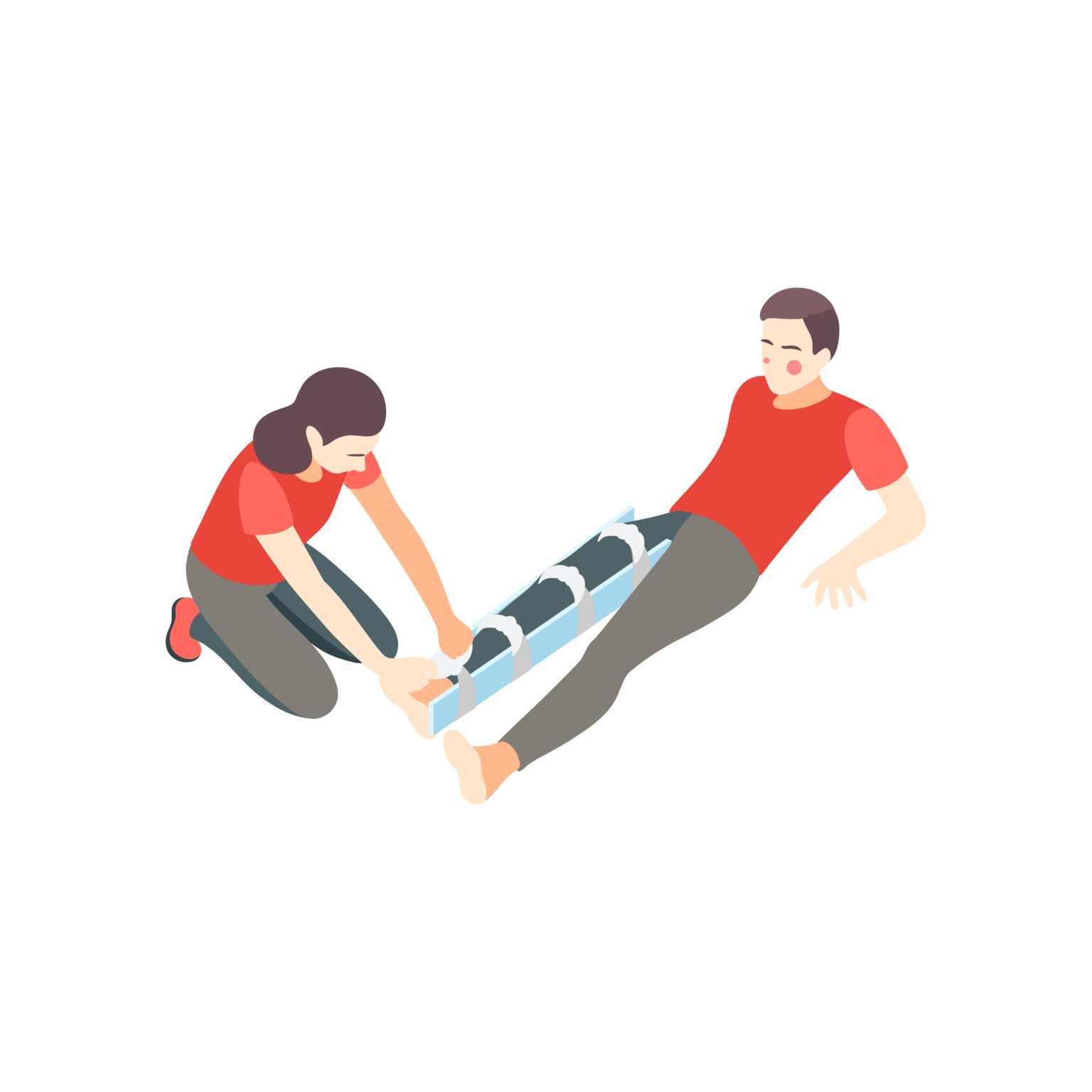 First aid steps isometric composition with woman splinting injured leg of lying man illustration