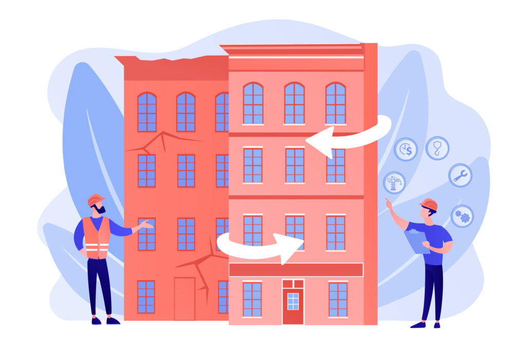 Een gebouw dat schade vertoont en hersteld moet worden